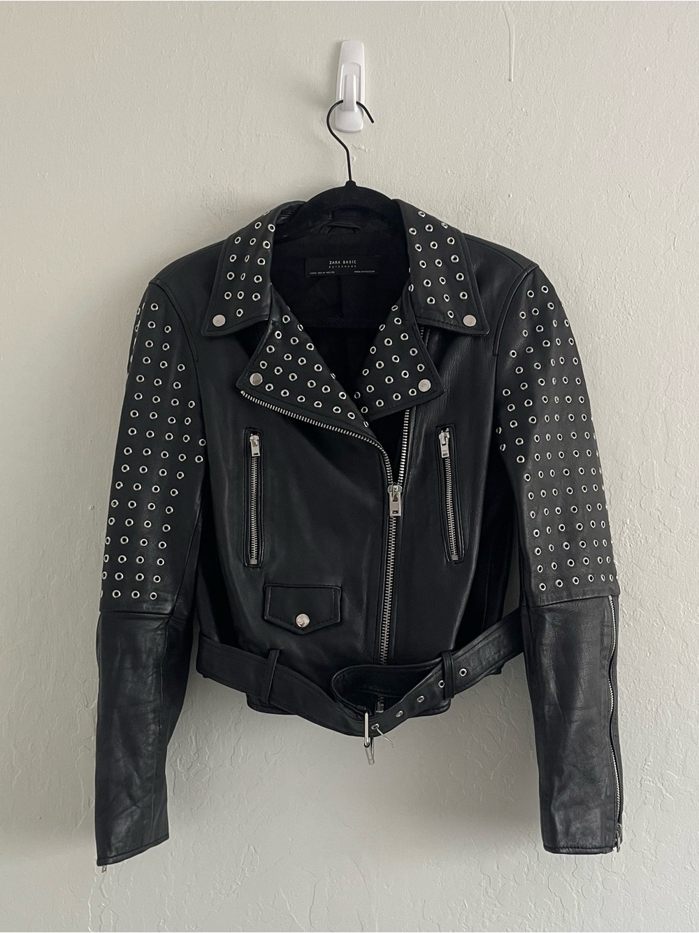 Zara Studded Leather Jacket Black Moto Jacket Belted Women's Size Medium Punk - Picture 2 of 10